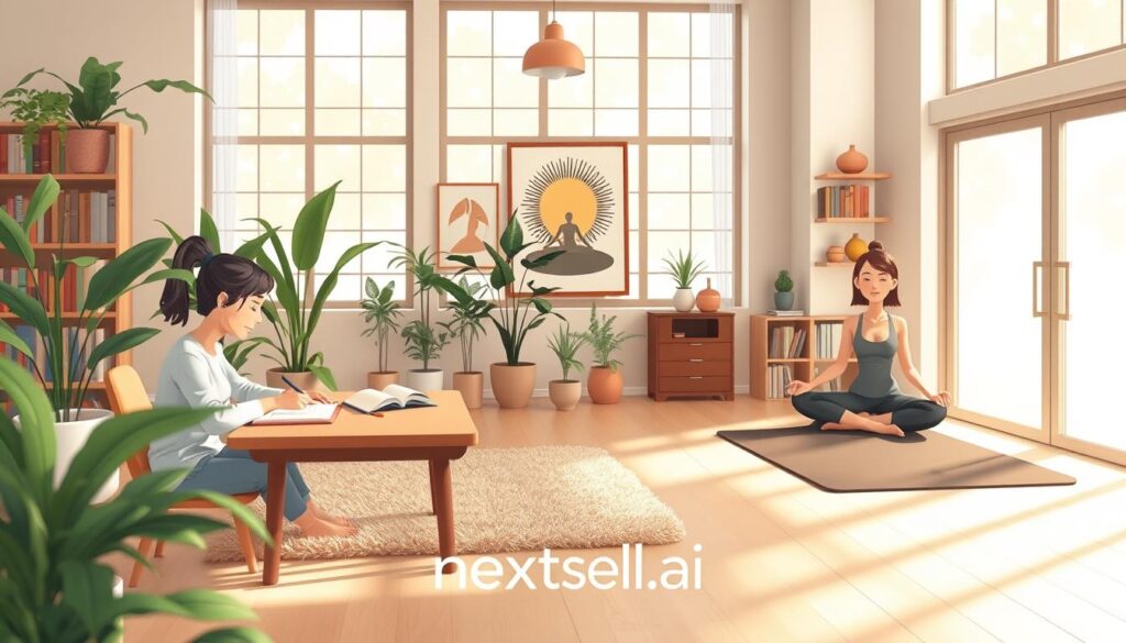 A calm, light-filled room where a few people read, journal and sit quietly, plants and bookshelves softening the space.